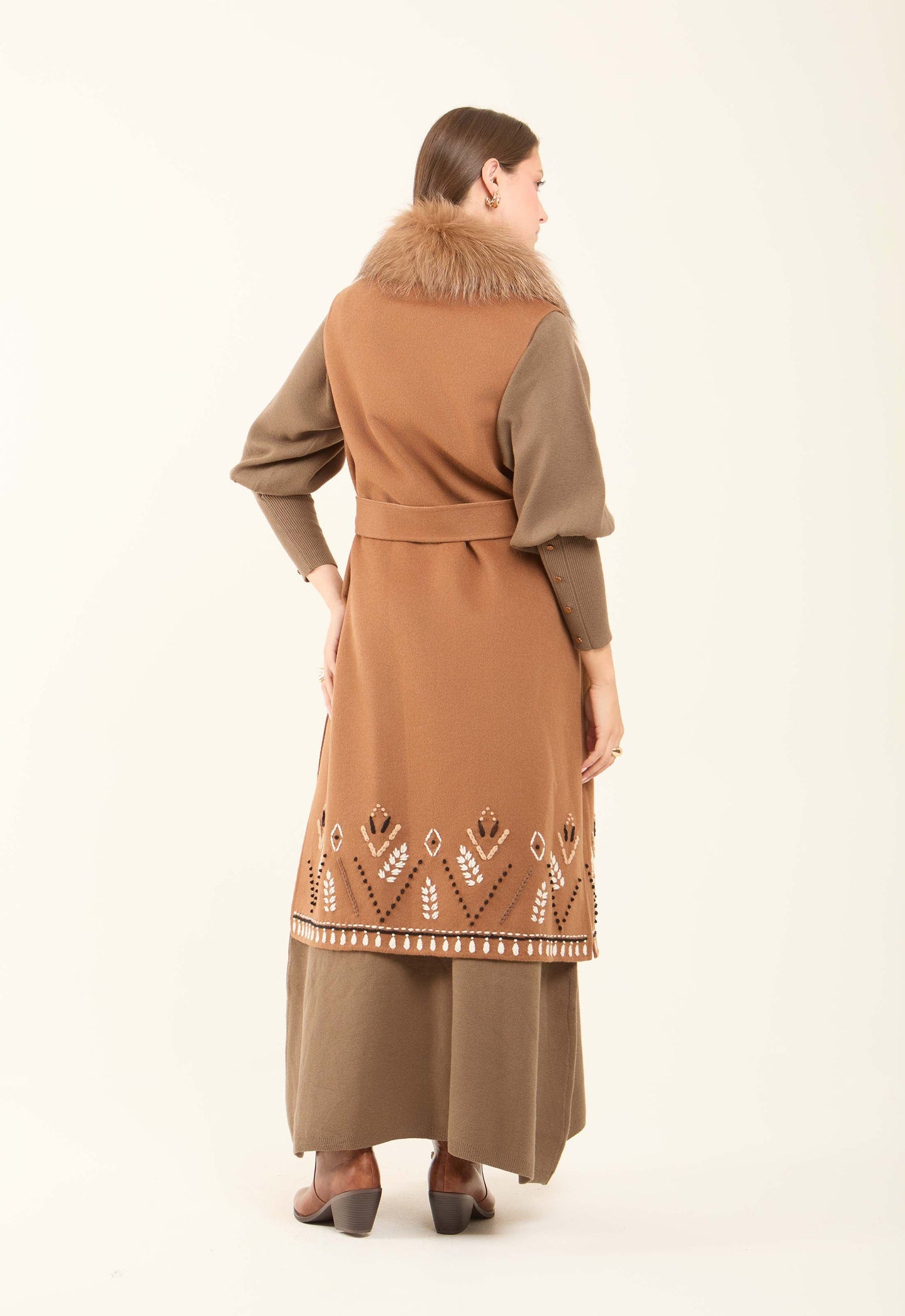 Embroidered Winter Vest with Fur Collar