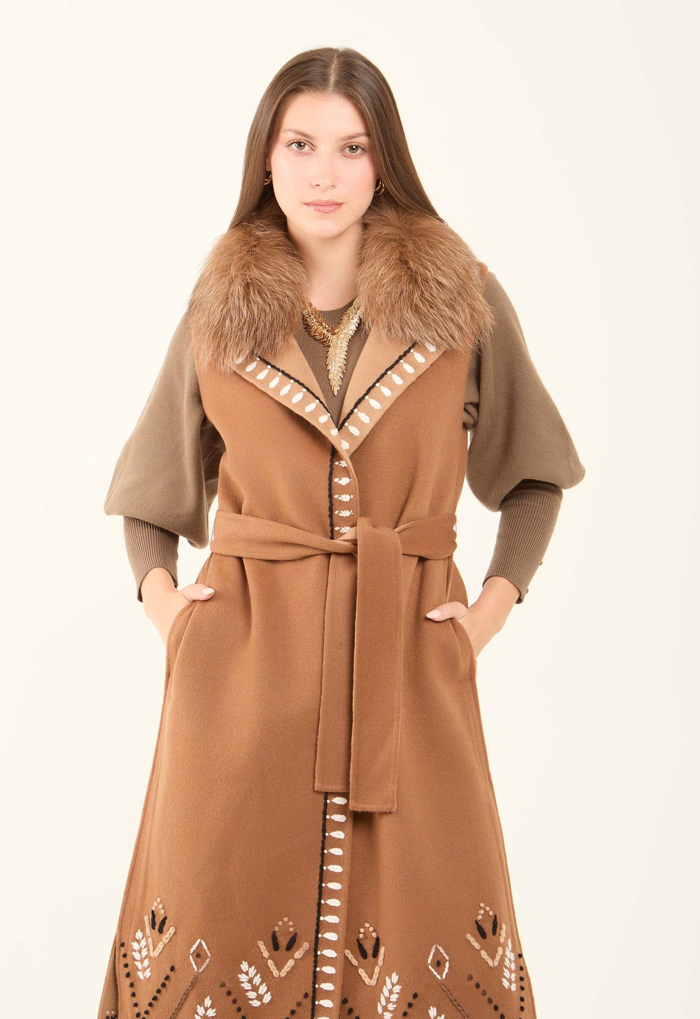 Embroidered Winter Vest with Fur Collar