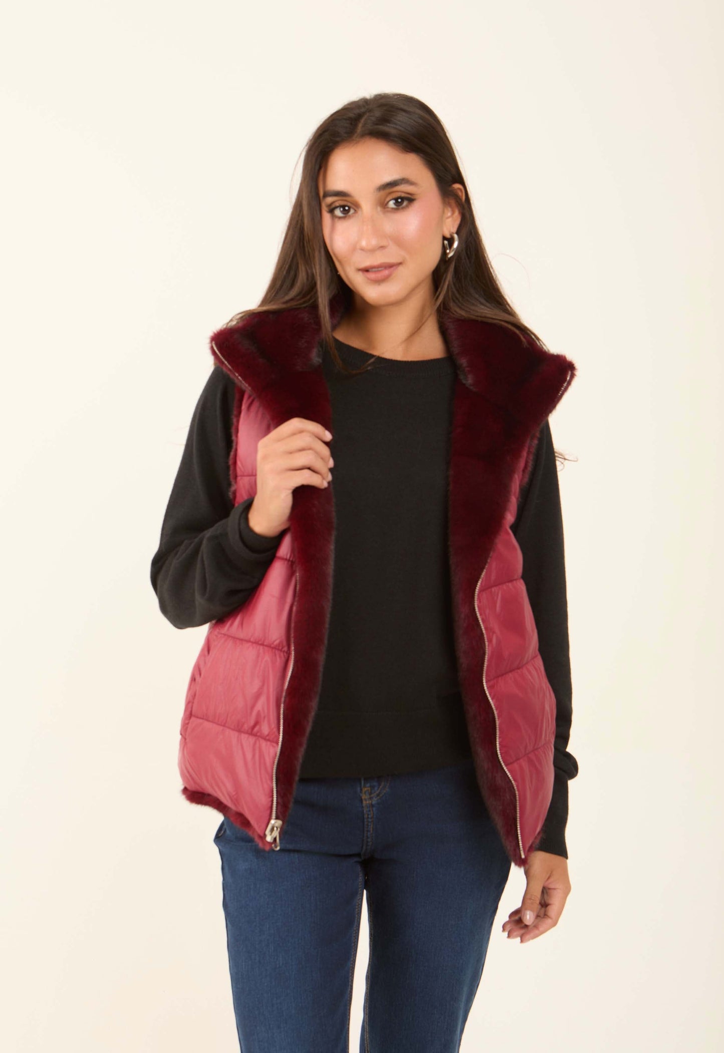 Reversible Solid Puffer Vest with Inner Fur