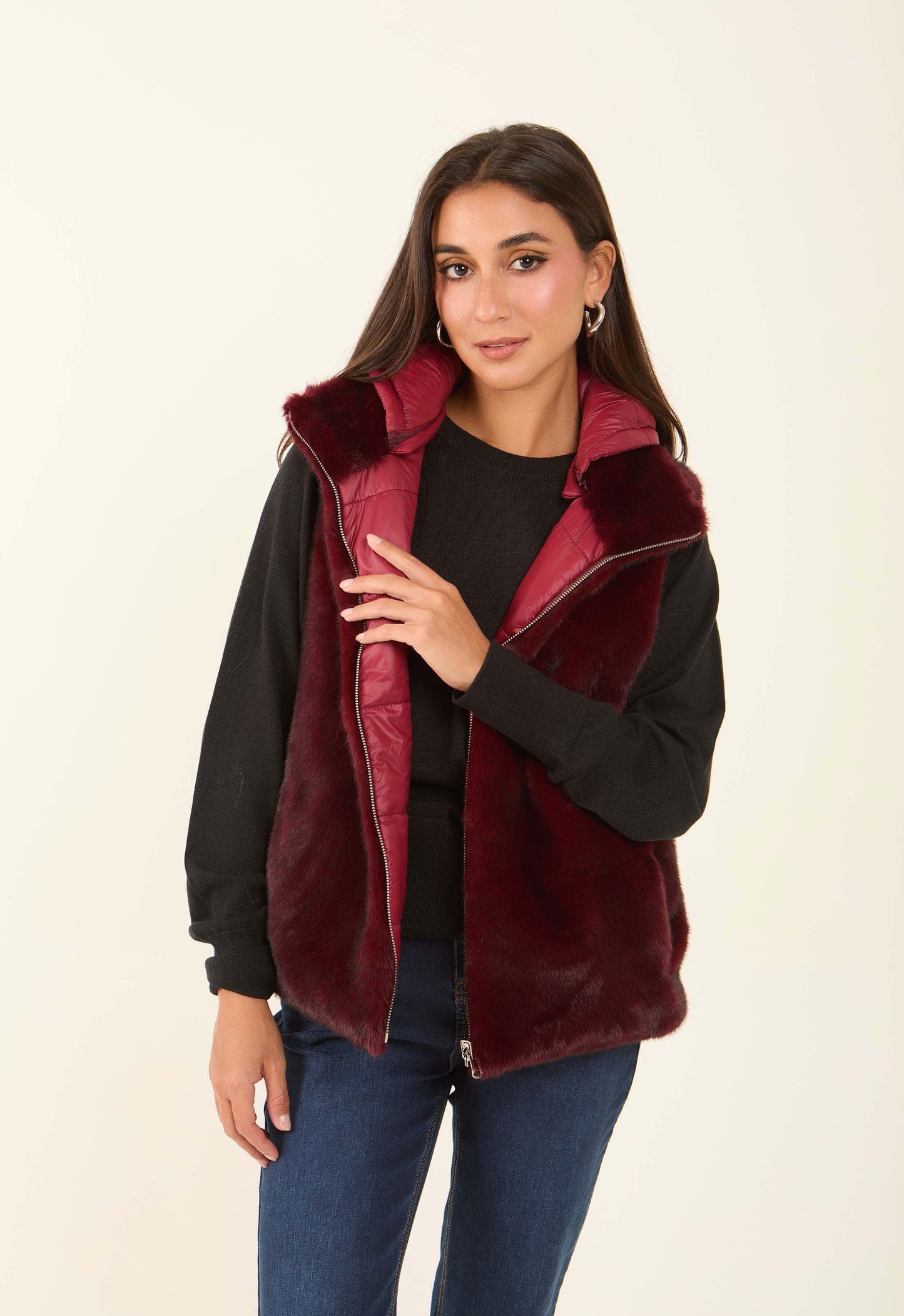 Reversible Solid Puffer Vest with Inner Fur