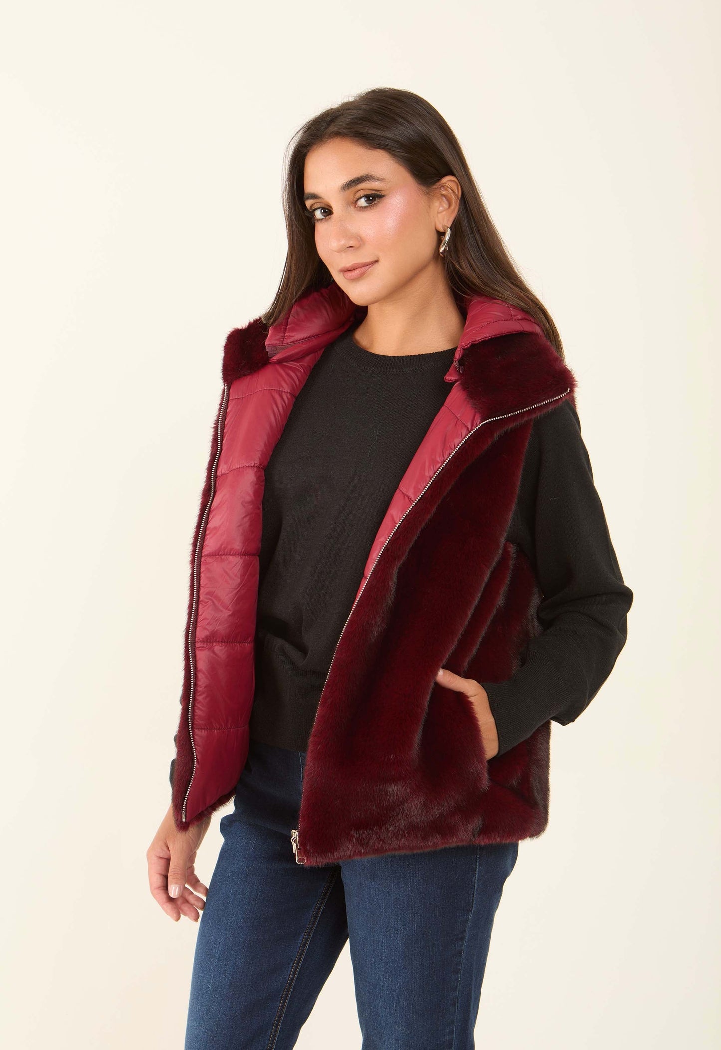 Reversible Solid Puffer Vest with Inner Fur