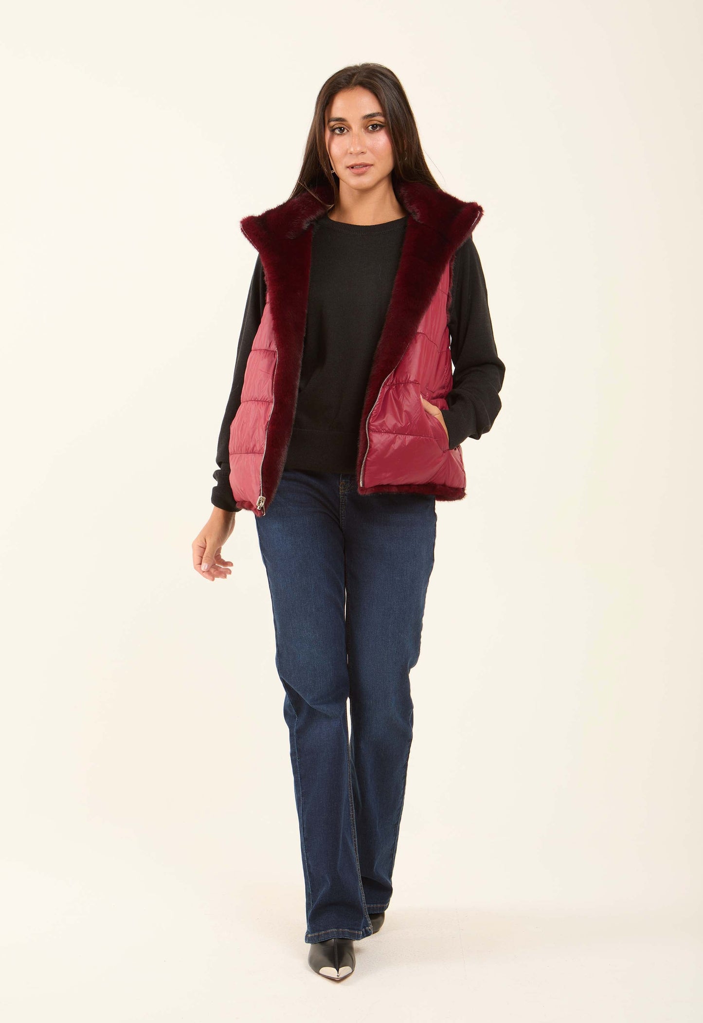 Reversible Solid Puffer Vest with Inner Fur