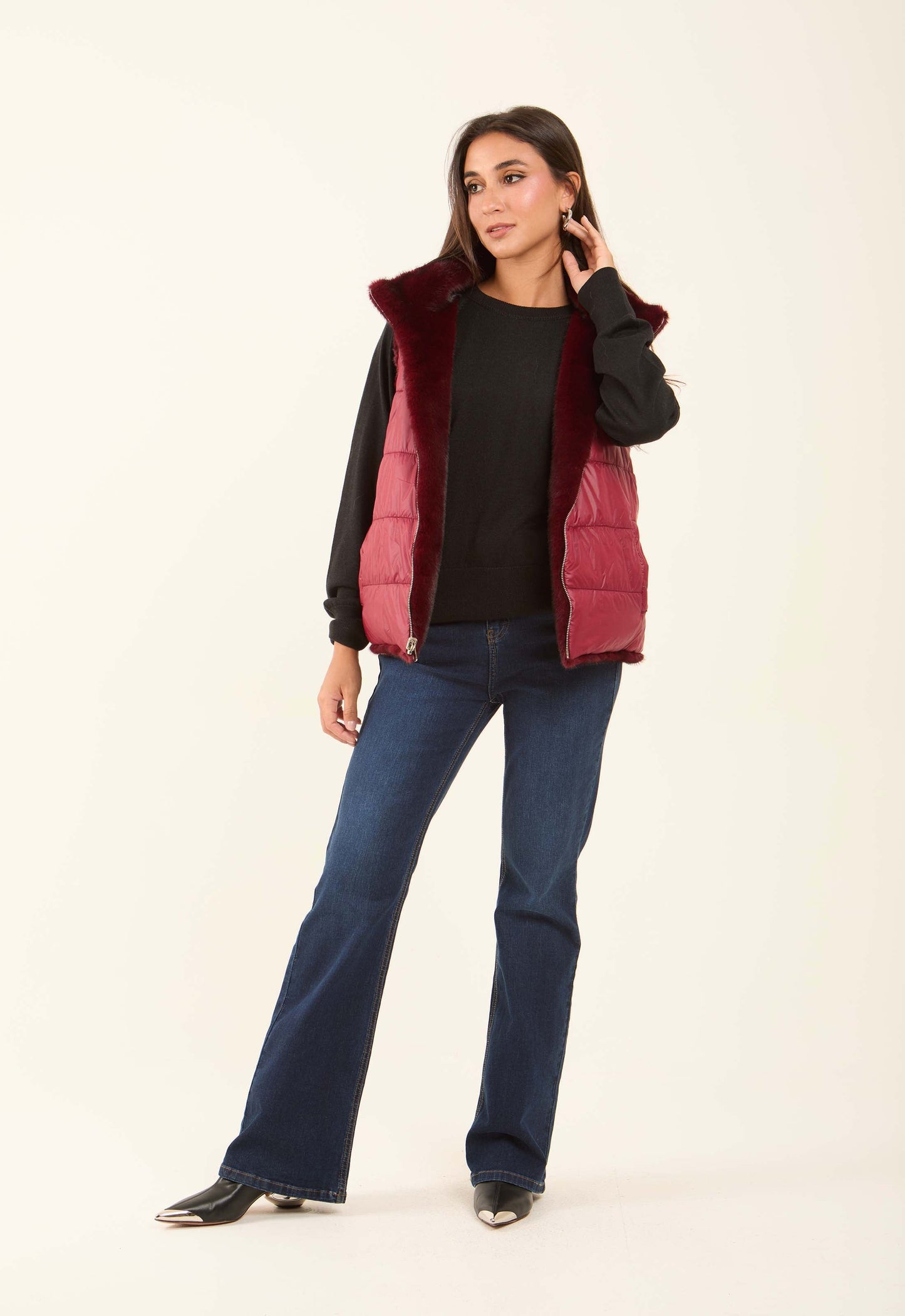 Reversible Solid Puffer Vest with Inner Fur
