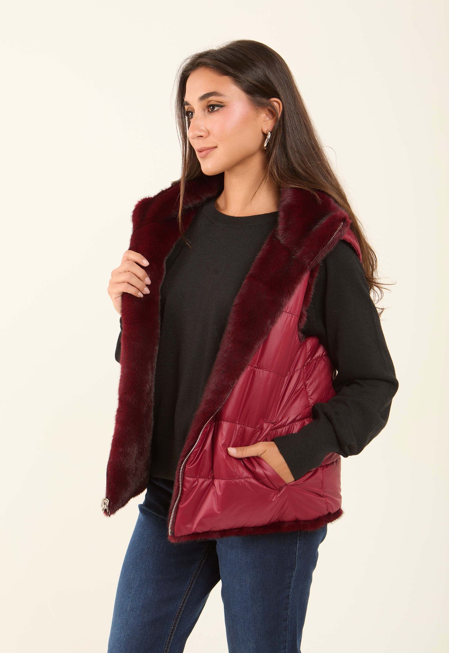 Reversible Solid Puffer Vest with Inner Fur