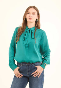 Champagne Bow-Neck Satin Shirt