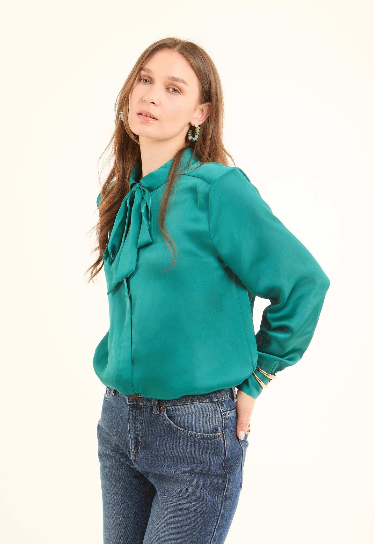 Champagne Bow-Neck Satin Shirt