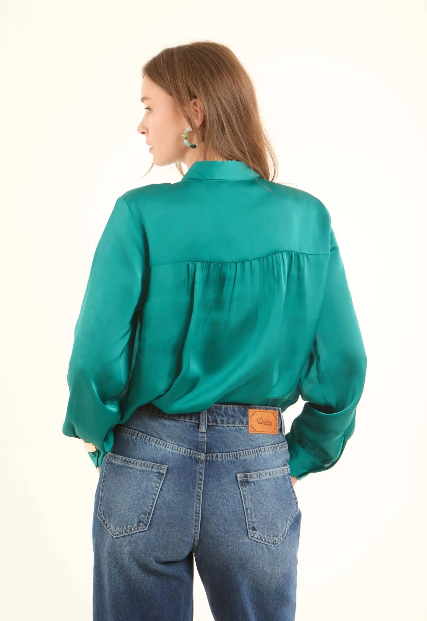 Champagne Bow-Neck Satin Shirt
