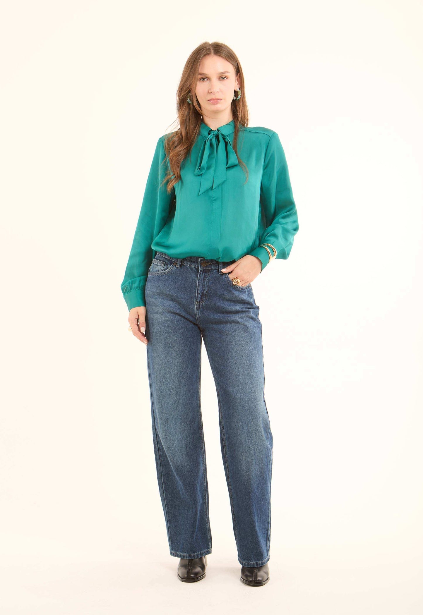 Champagne Bow-Neck Satin Shirt