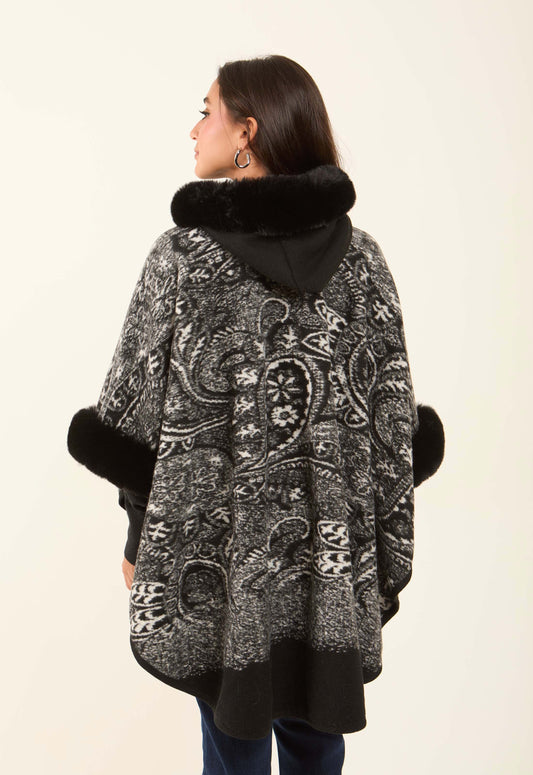 Fur Hooded Neck Patterned Poncho