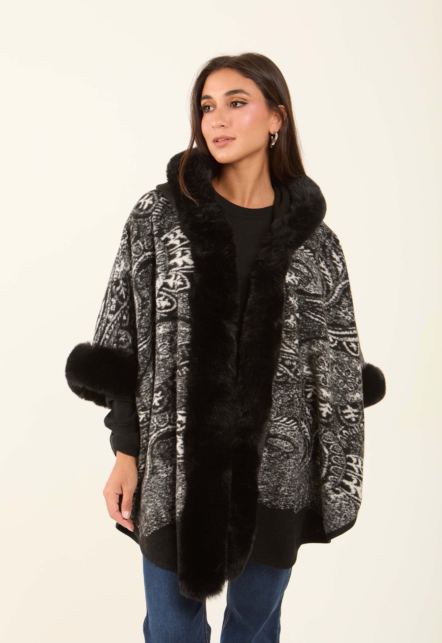 Fur Hooded Neck Patterned Poncho