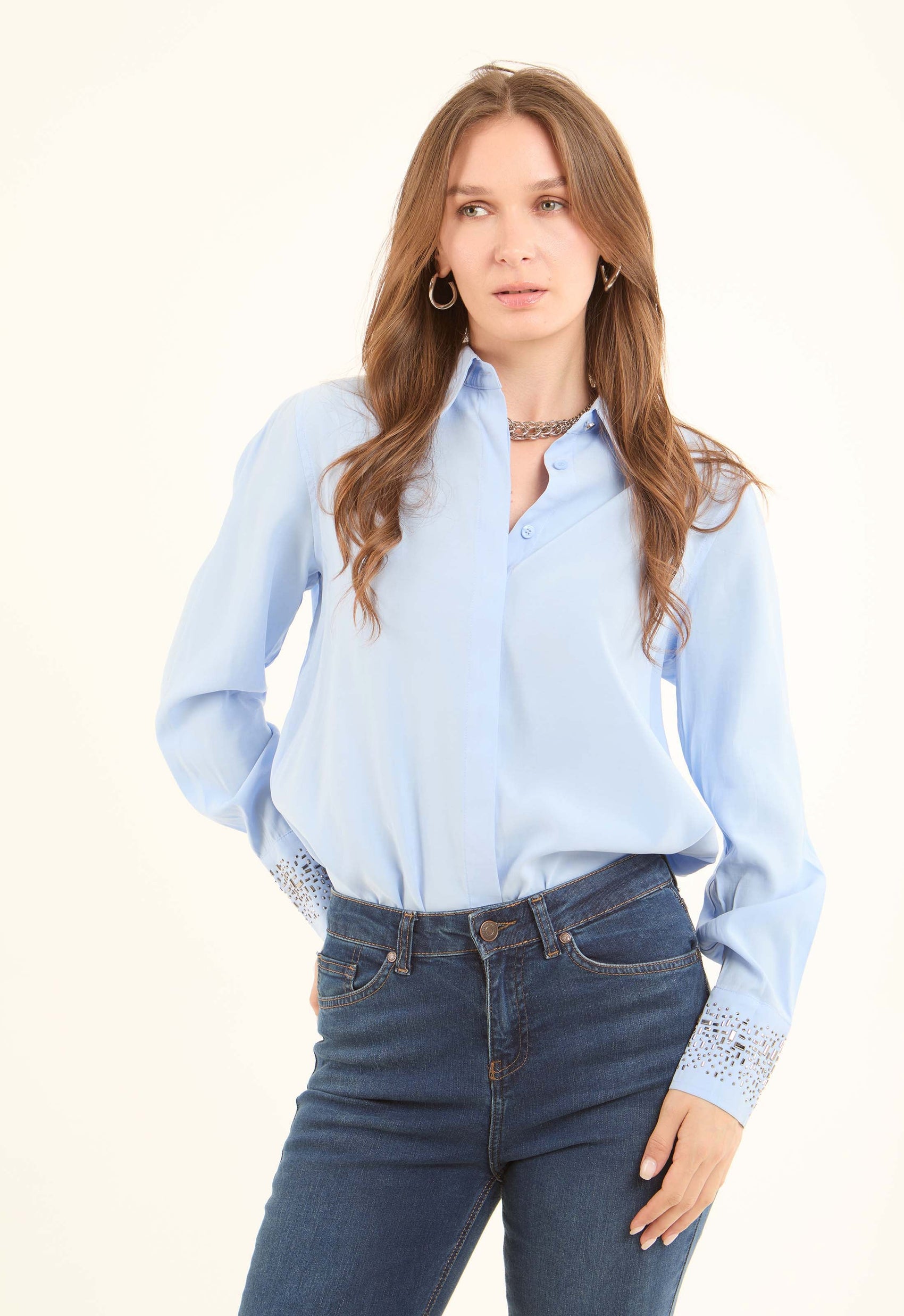 Rayon-Blend Embellished Cuff Shirt