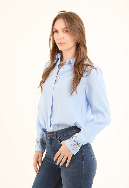 Rayon-Blend Embellished Cuff Shirt