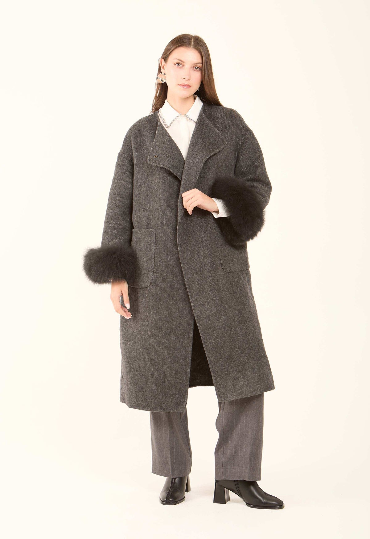 Fur-Cuff Wool-Blend Long Coat