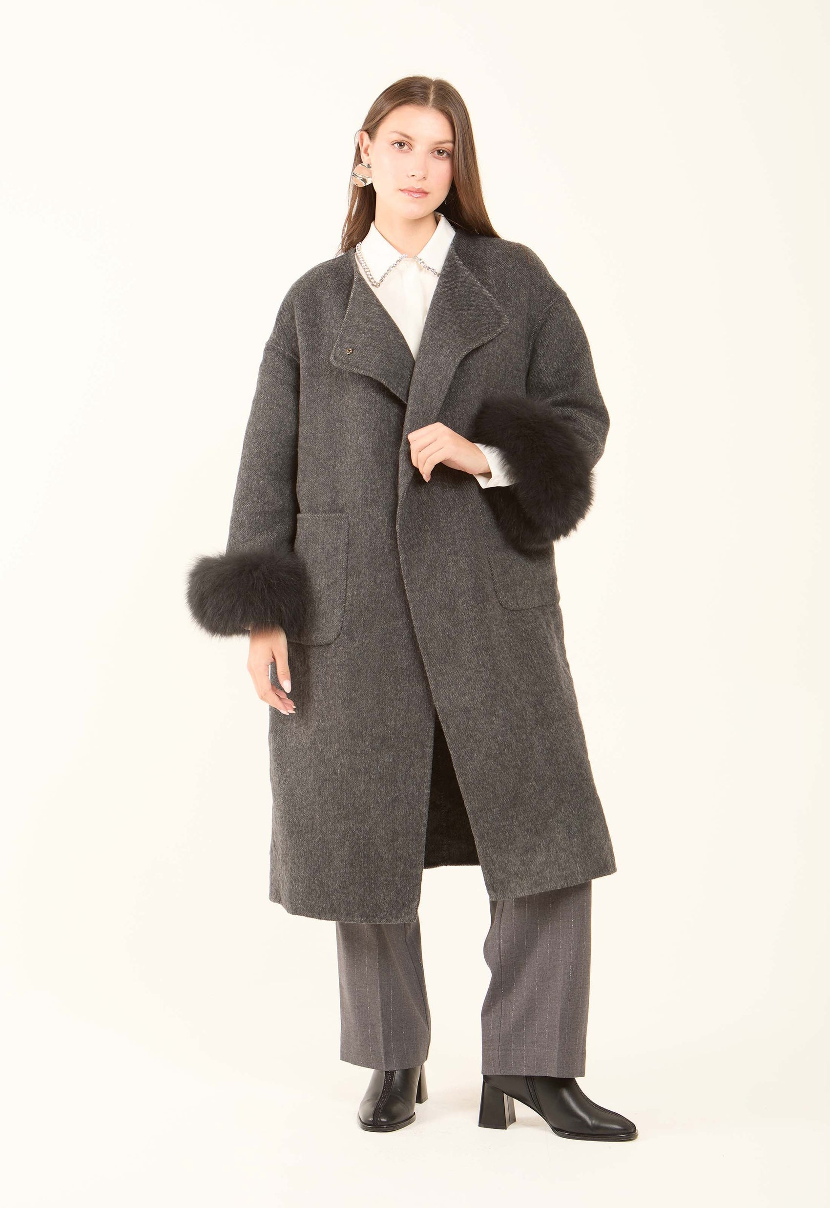 Fur-Cuff Wool-Blend Long Coat