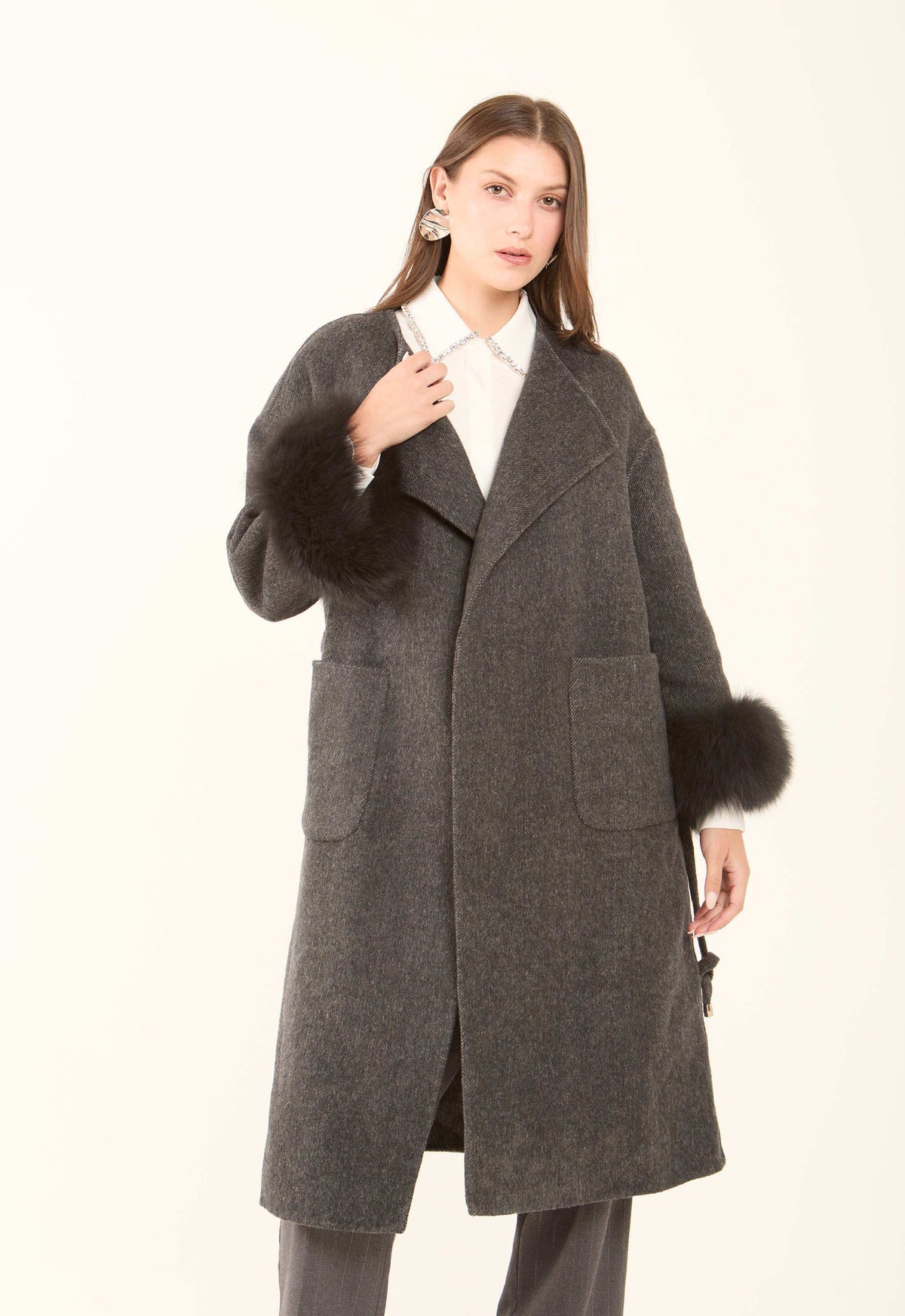 Fur-Cuff Wool-Blend Long Coat