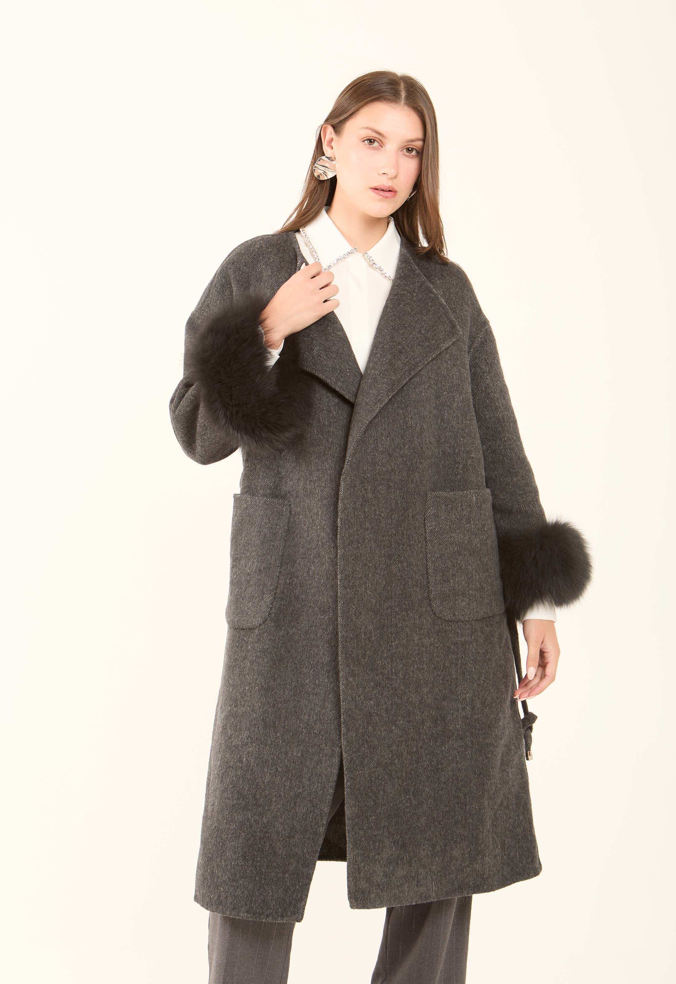 Fur-Cuff Wool-Blend Long Coat