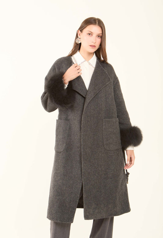 Fur-Cuff Wool-Blend Long Coat