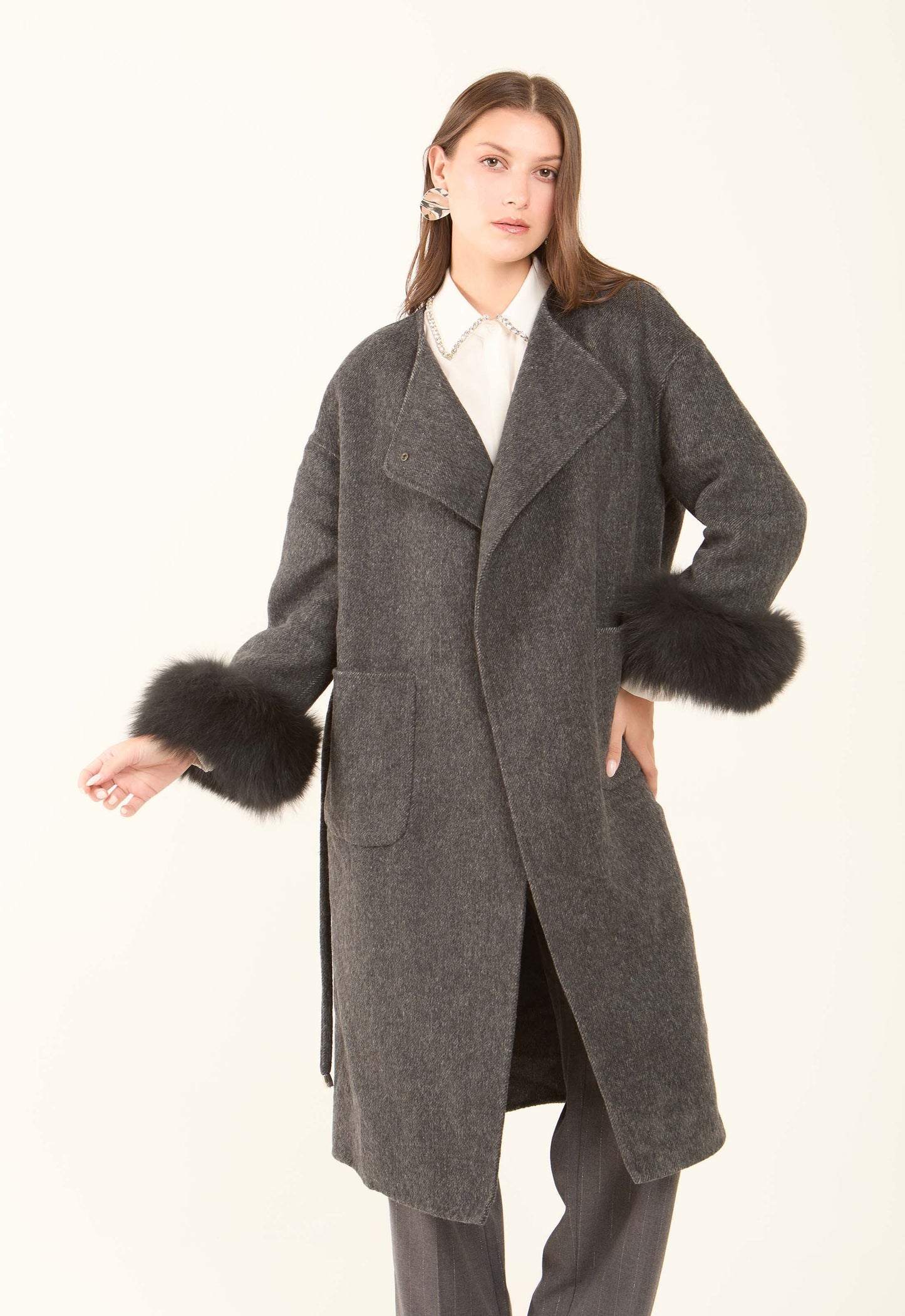 Fur-Cuff Wool-Blend Long Coat