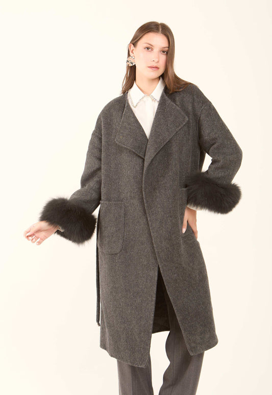Fur-Cuff Wool-Blend Long Coat