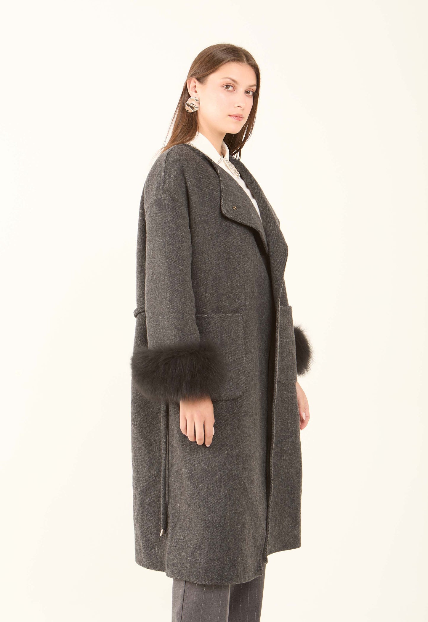 Fur-Cuff Wool-Blend Long Coat