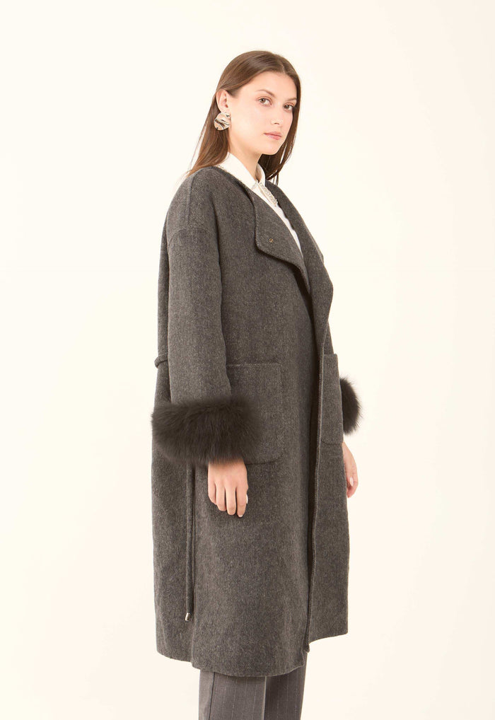 Fur-Cuff Wool-Blend Long Coat