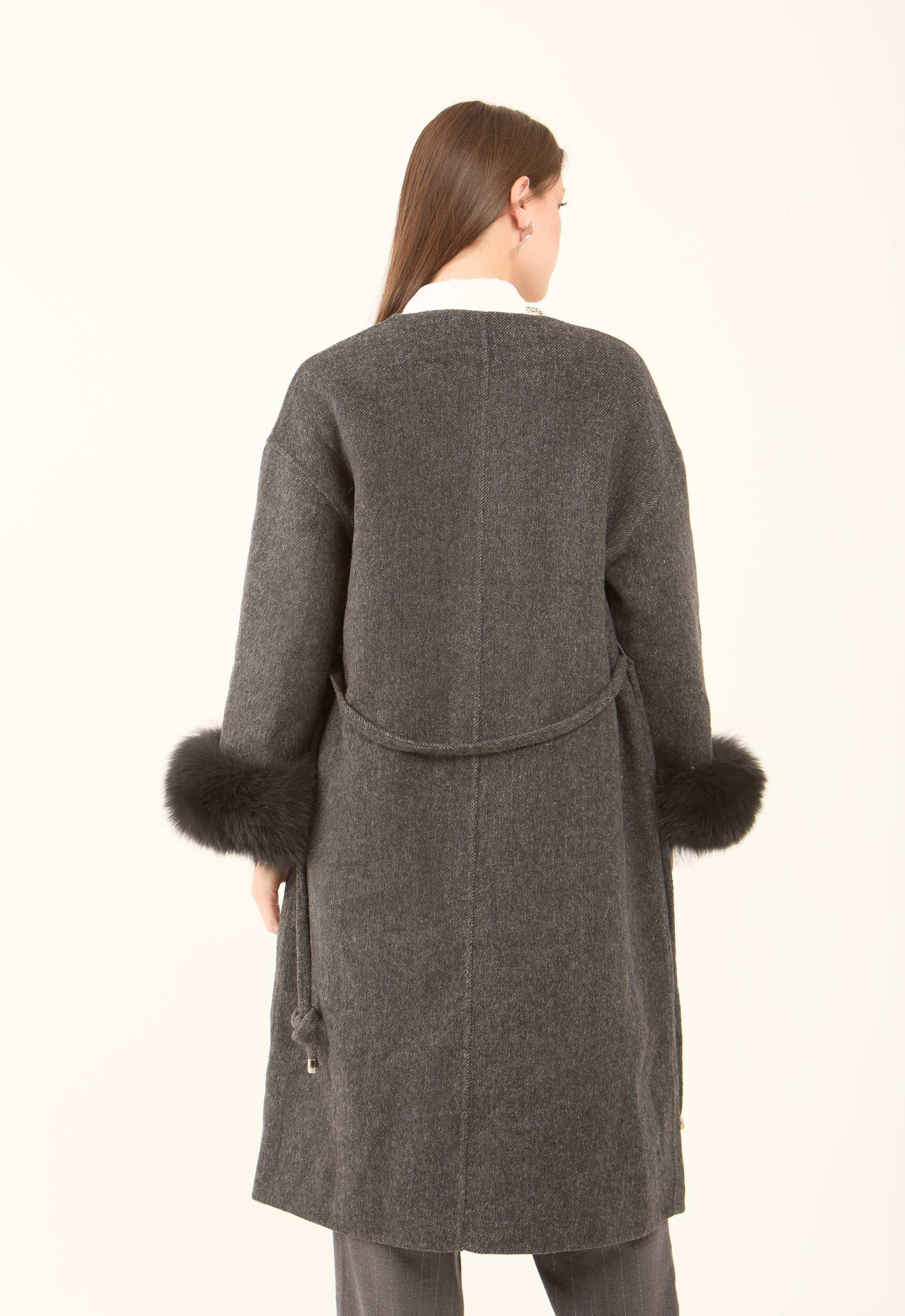 Fur-Cuff Wool-Blend Long Coat