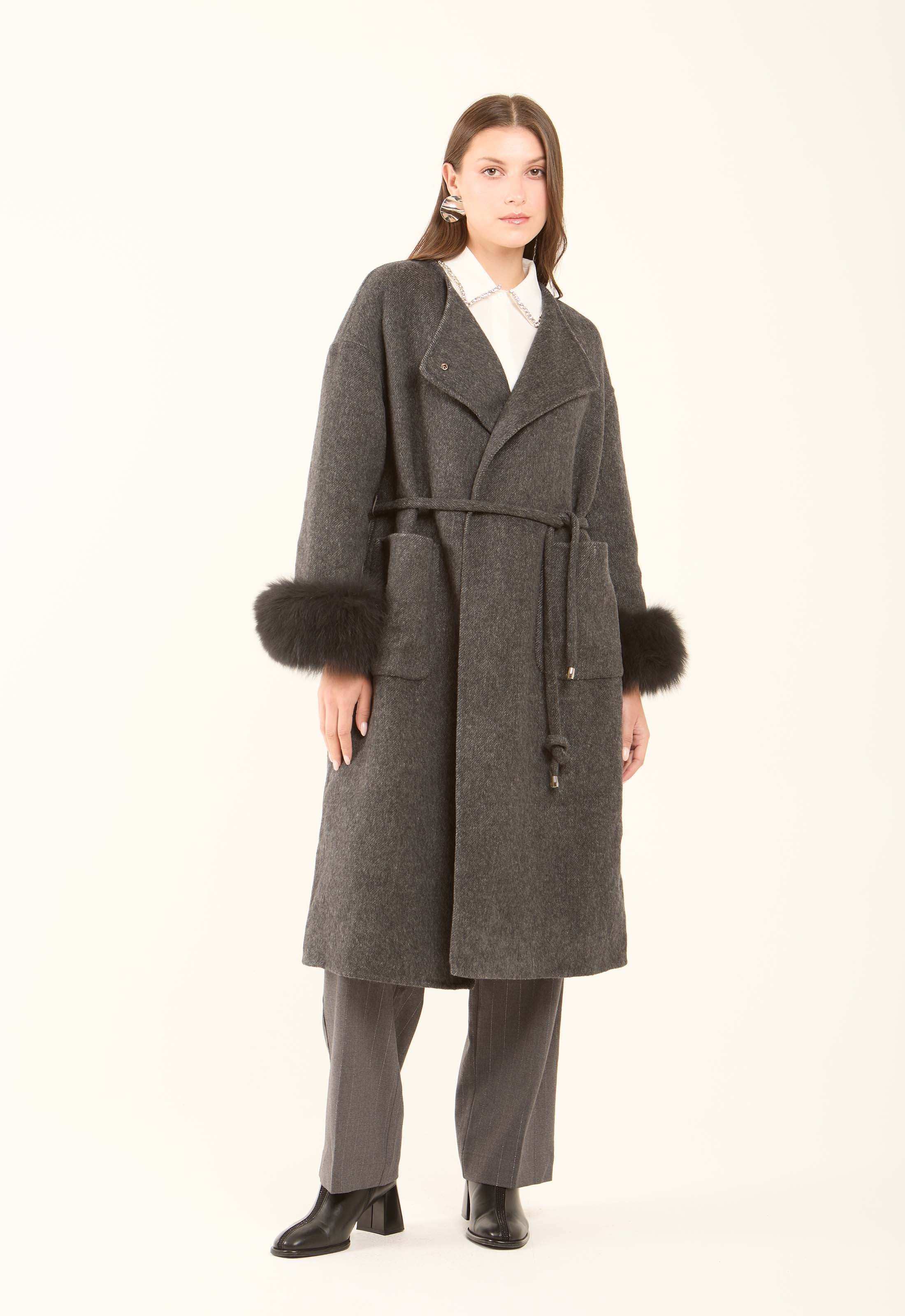 Fur-Cuff Wool-Blend Long Coat
