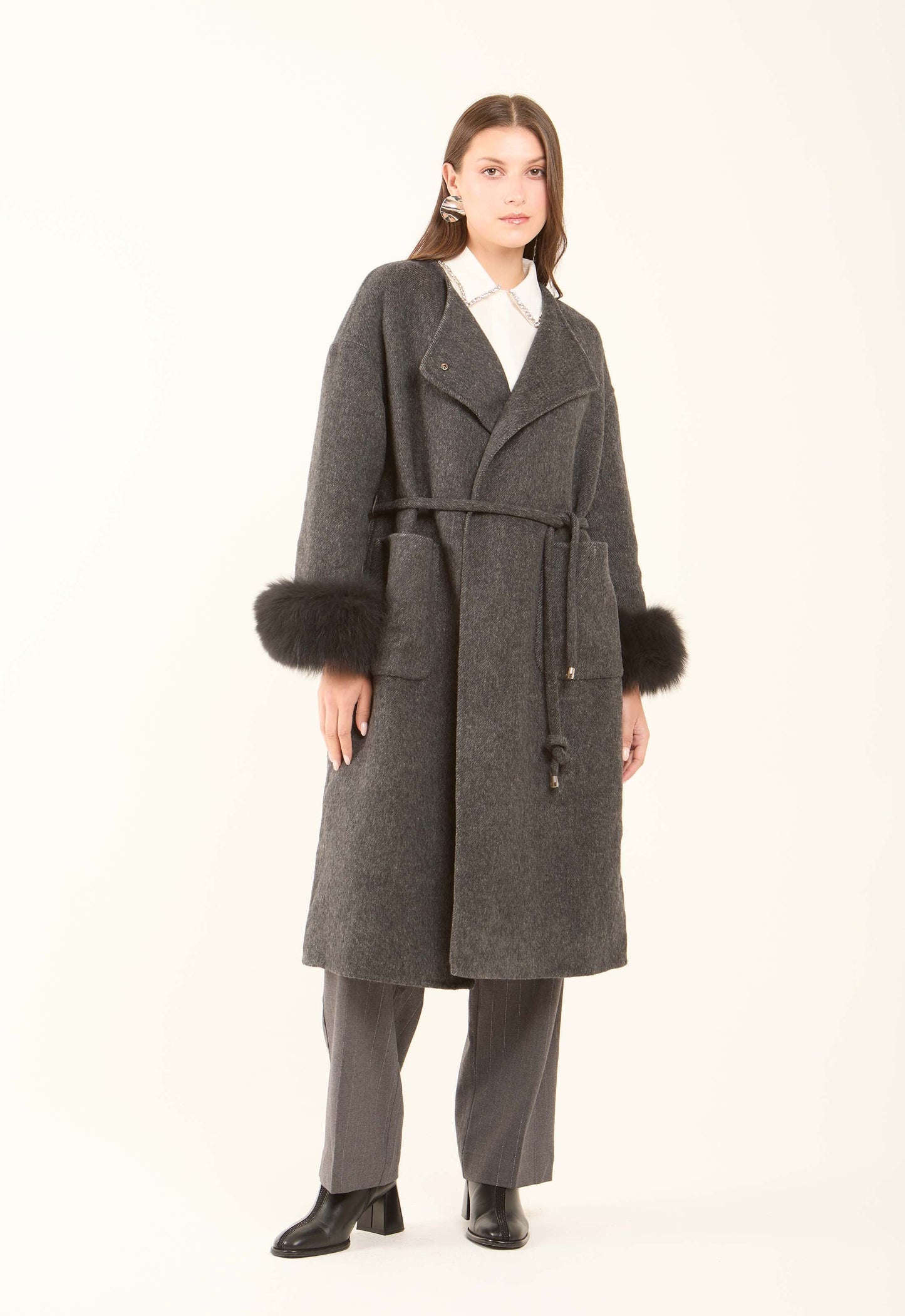 Fur-Cuff Wool-Blend Long Coat