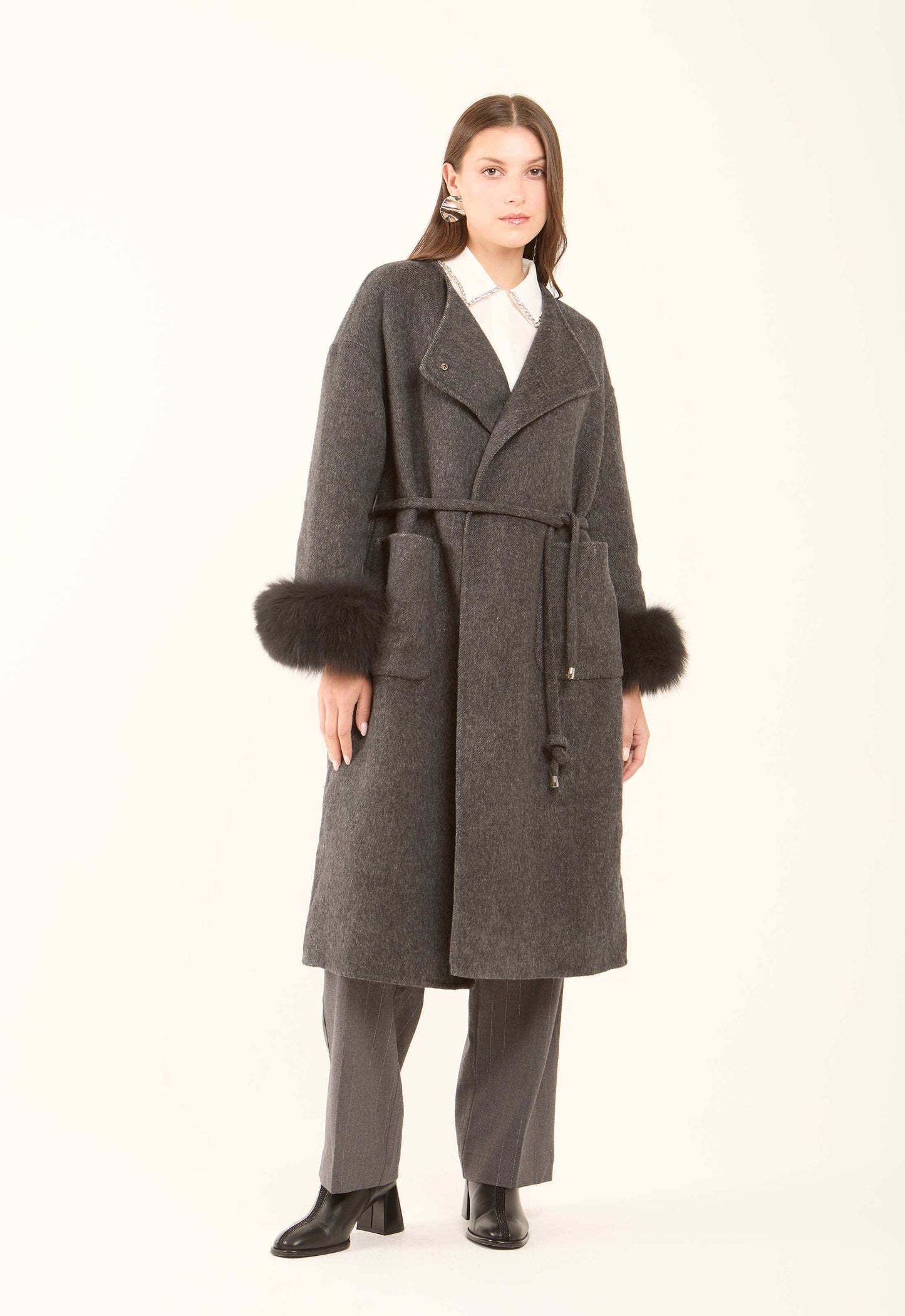 Fur-Cuff Wool-Blend Long Coat
