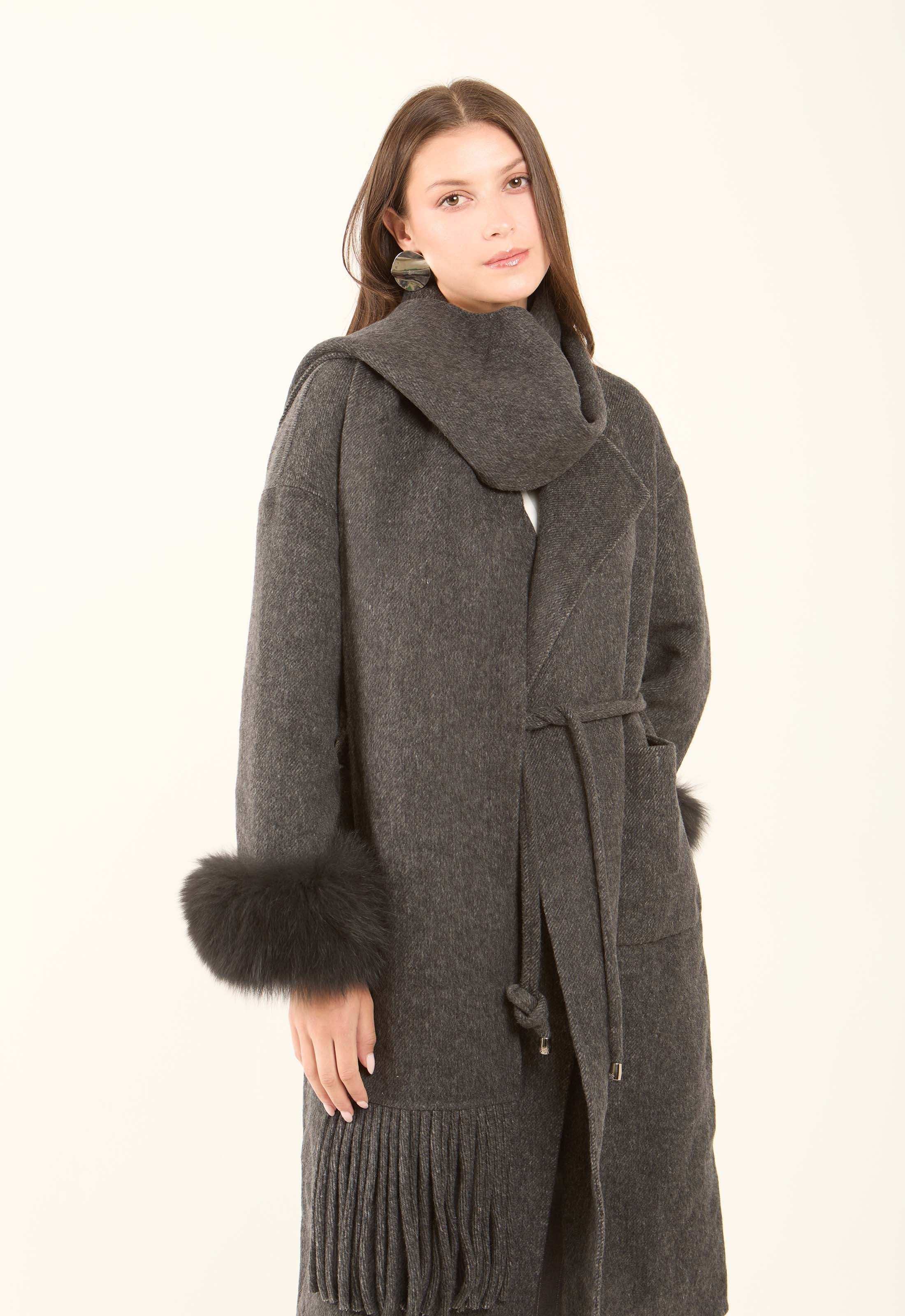 Fur-Cuff Wool-Blend Long Coat