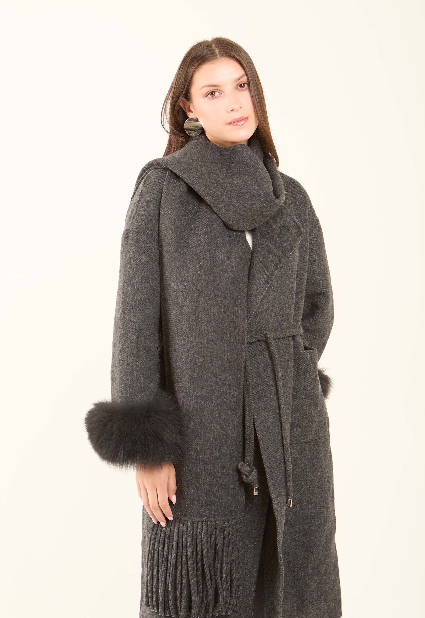 Fur-Cuff Wool-Blend Long Coat
