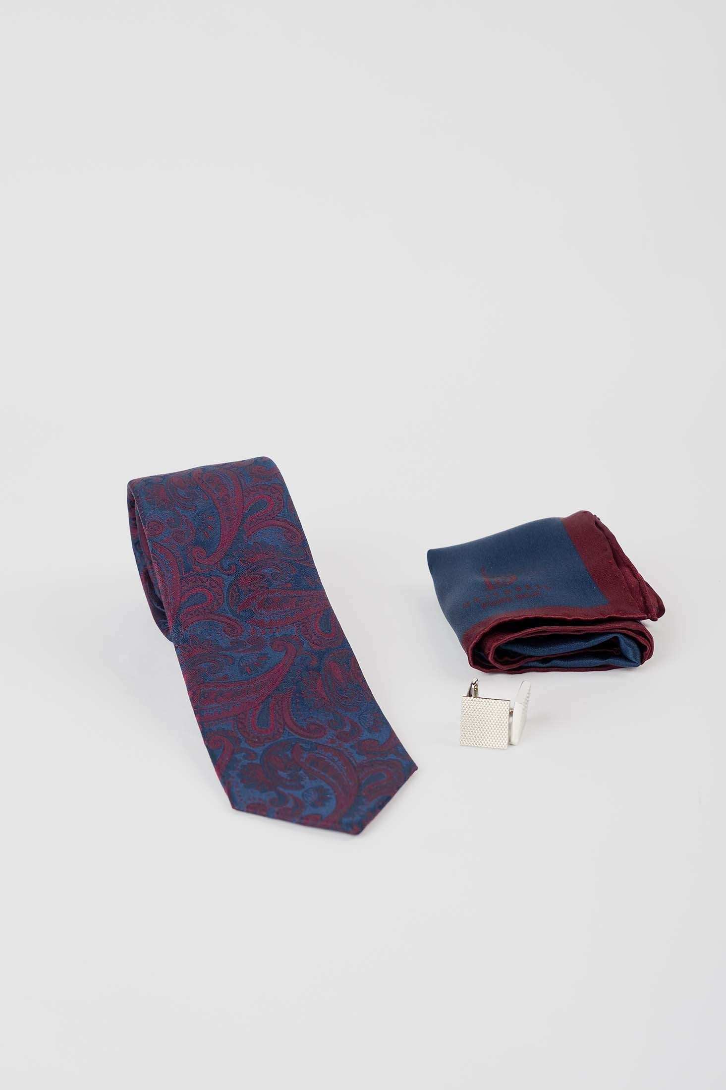 Patterned Tie, Square Cufflink & Solid Hanky Set