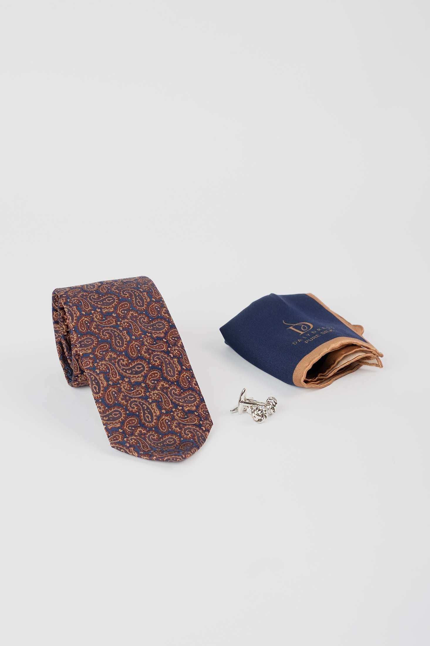 Paisley Silk Tie, Metal Cufflink & Solid Hanky Set