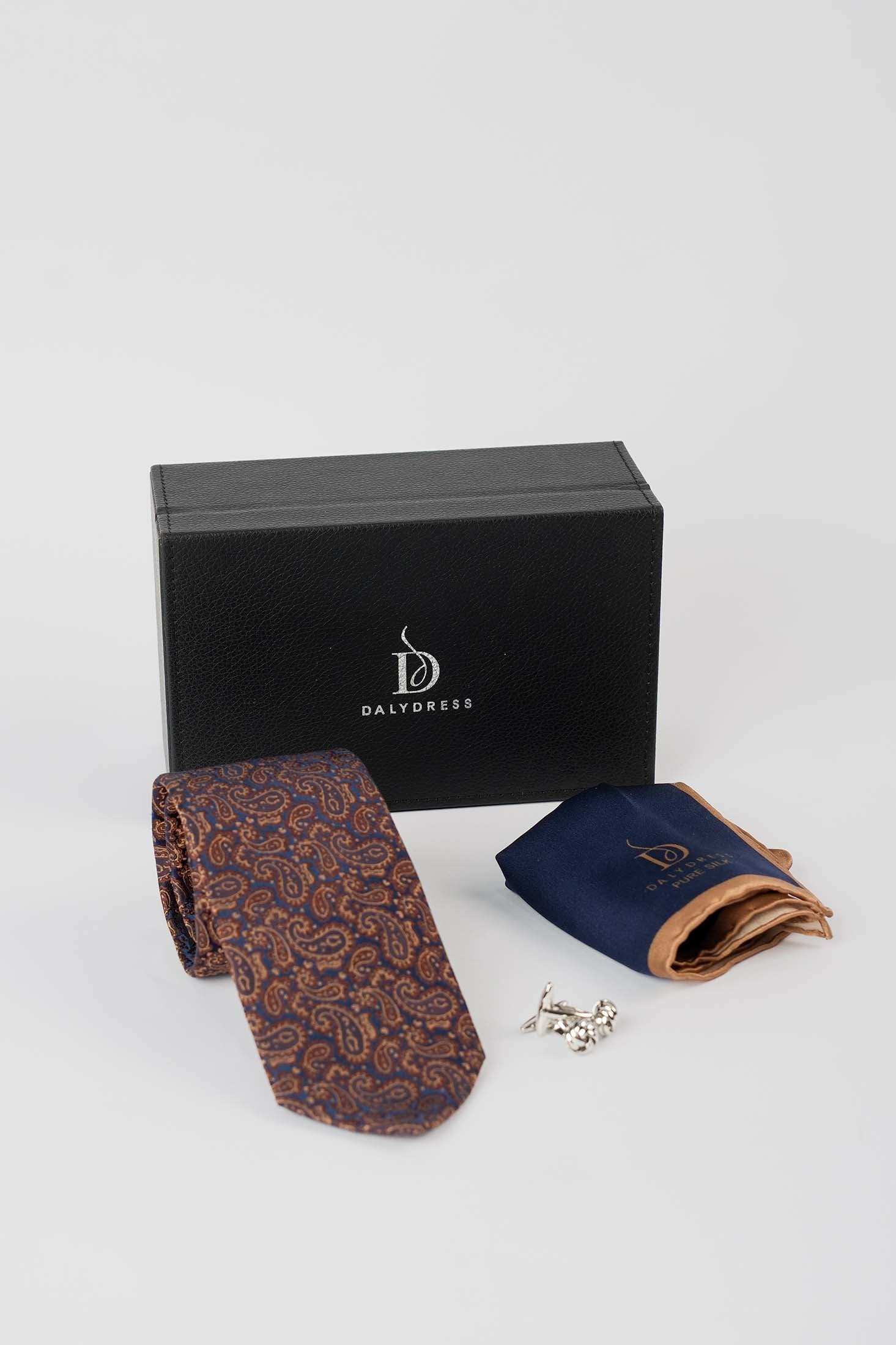 Paisley Silk Tie, Metal Cufflink & Solid Hanky Set