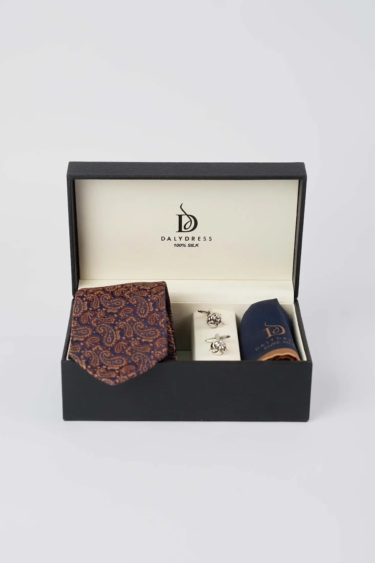Paisley Silk Tie, Metal Cufflink & Solid Hanky Set