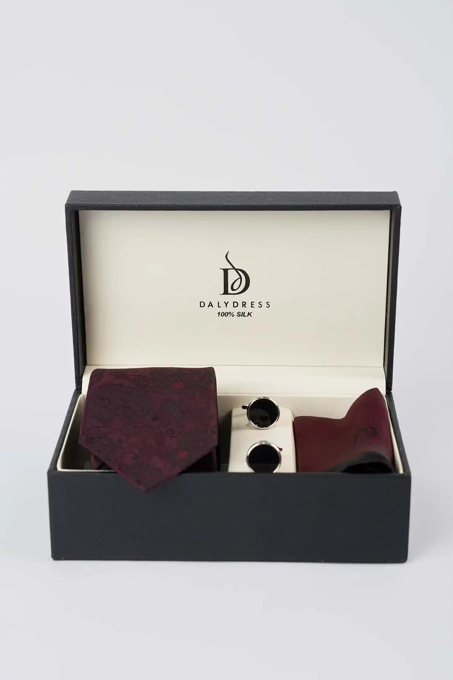 Paisley Silk Tie, Circular Cufflink & Solid Hanky Set