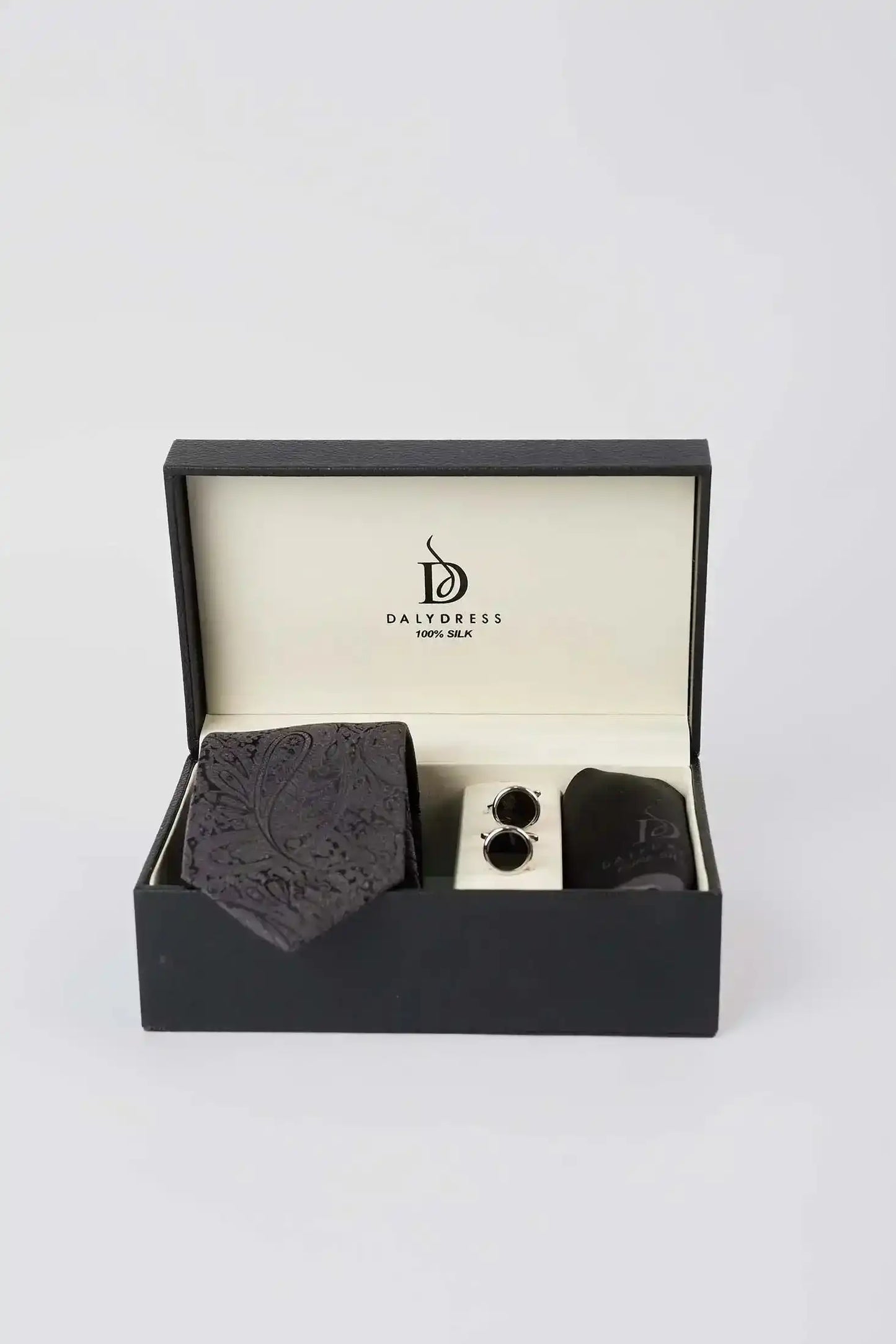 Formal Paisley Silk Tie, Circular Cufflink & Solid Hanky Set