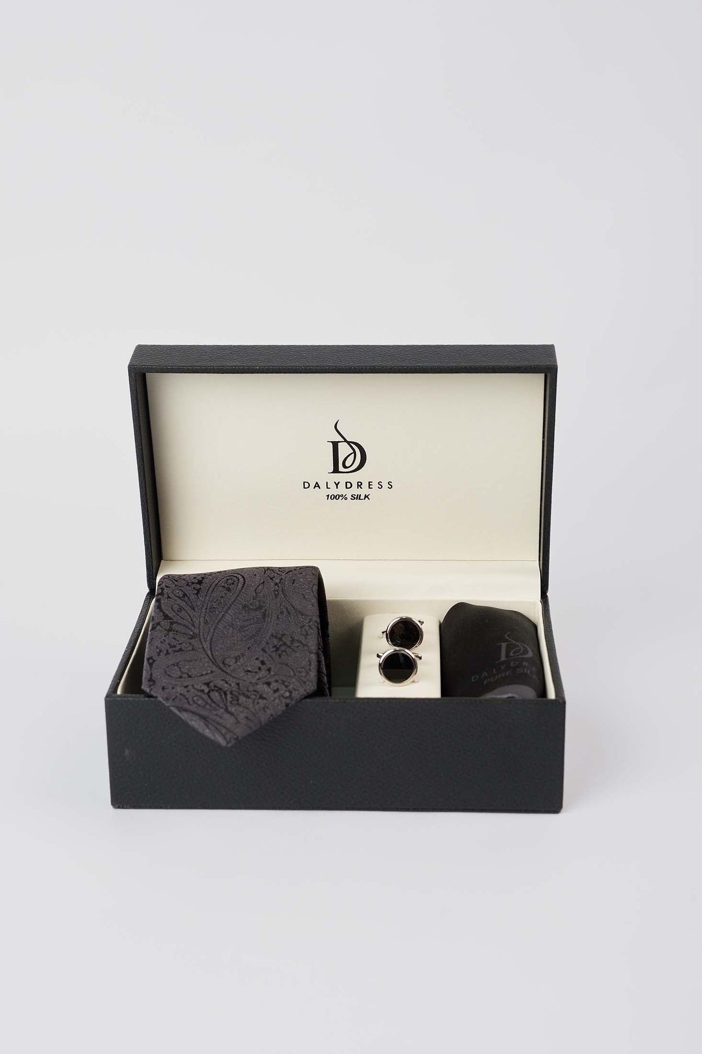Formal Paisley Silk Tie, Circular Cufflink & Solid Hanky Set