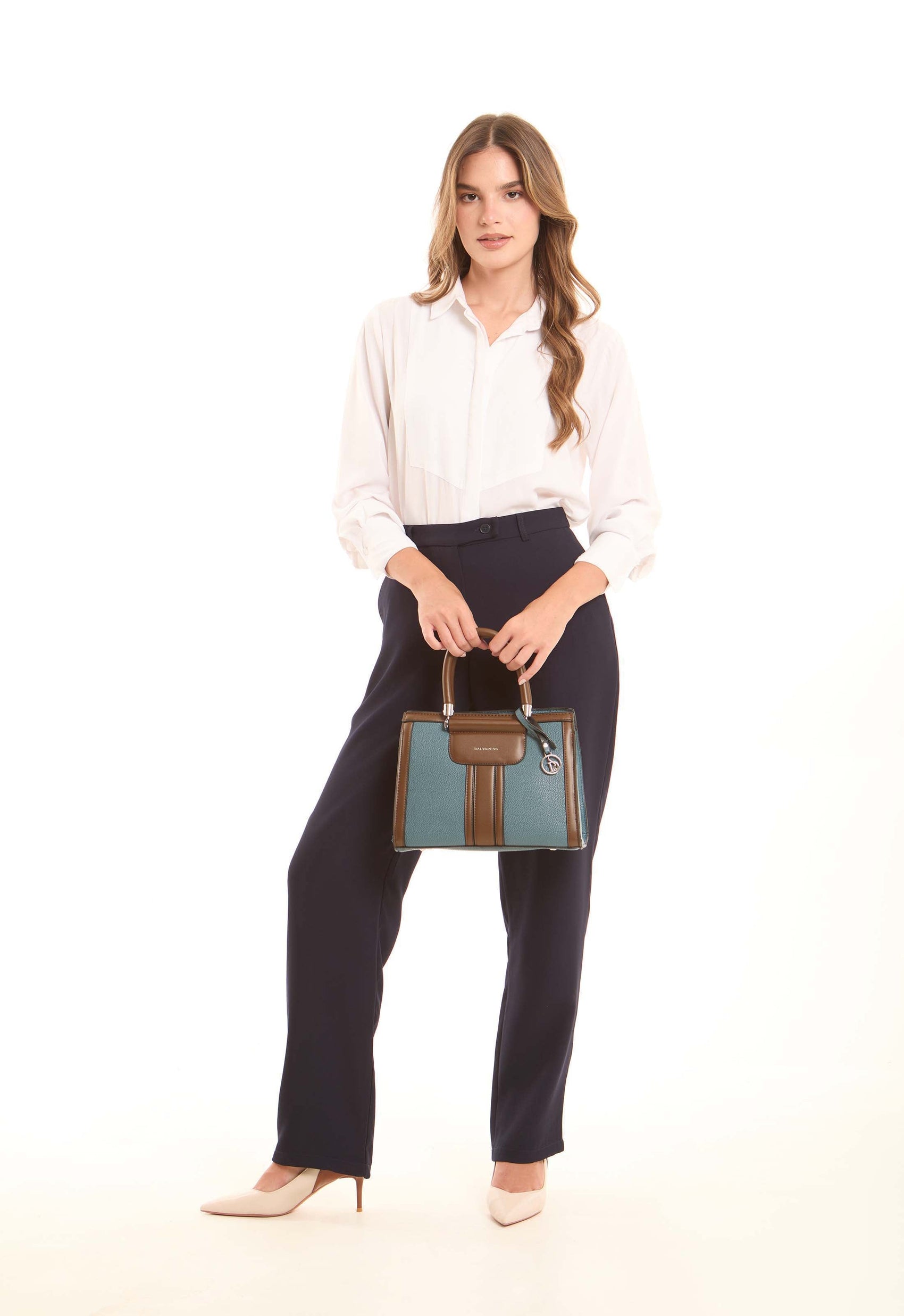 حقيبة يد هيكلية بلون تركواز وبني