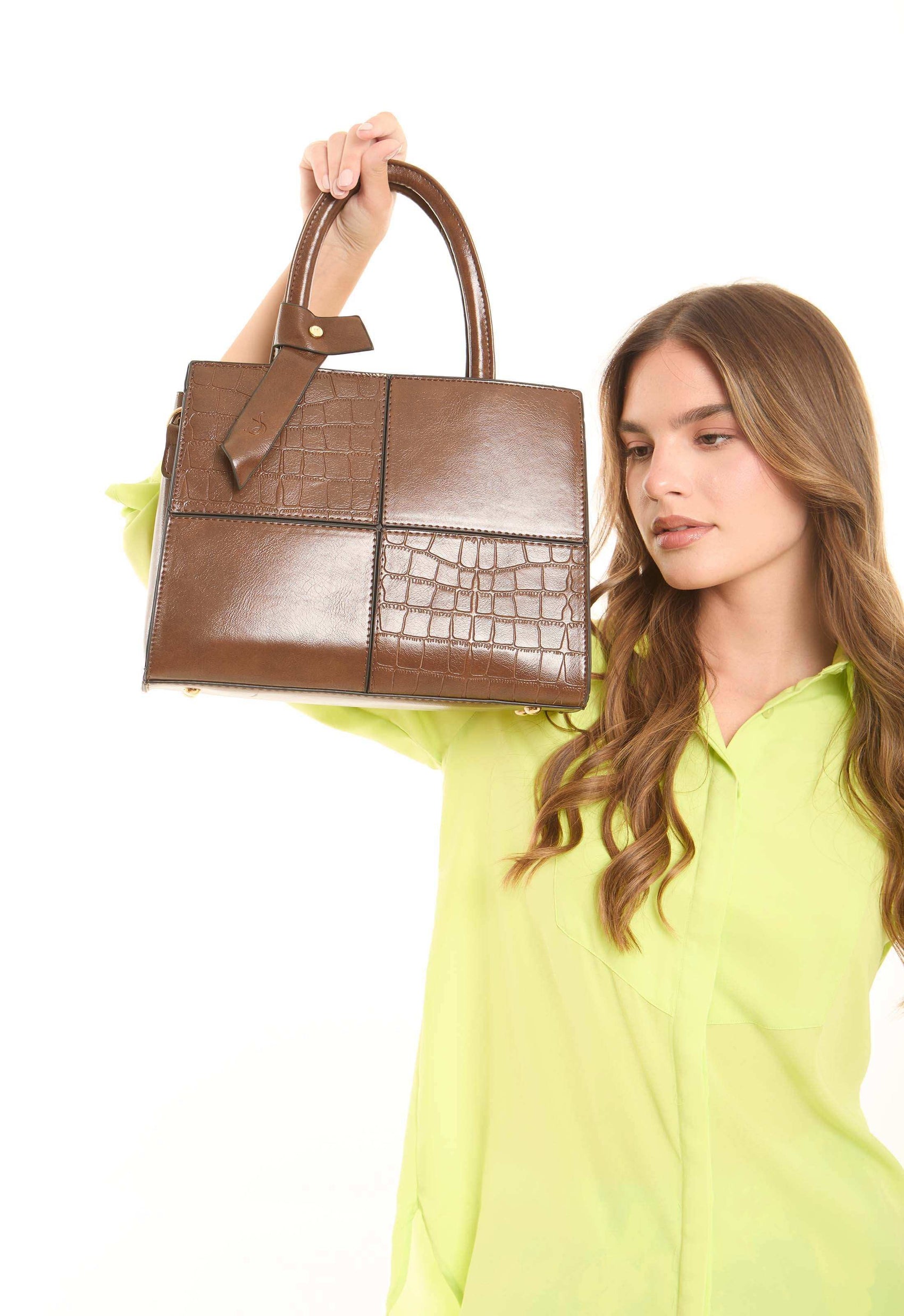 Walnut Embossed Structured Handbag