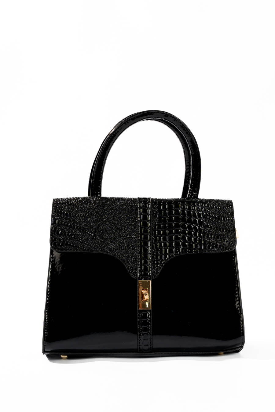 Black Croc-Embossed Structured Handbag