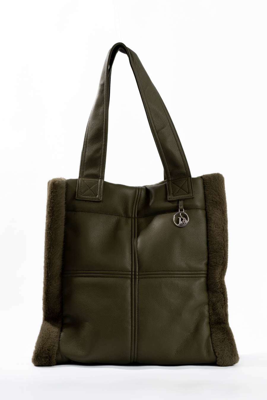 Solid Leather Tote Bag with Fur Trim