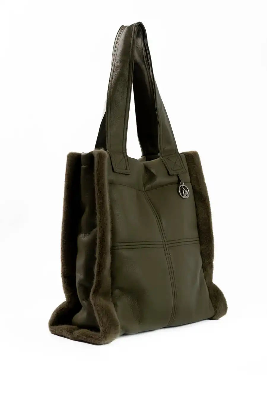 Solid Leather Tote Bag with Fur Trim
