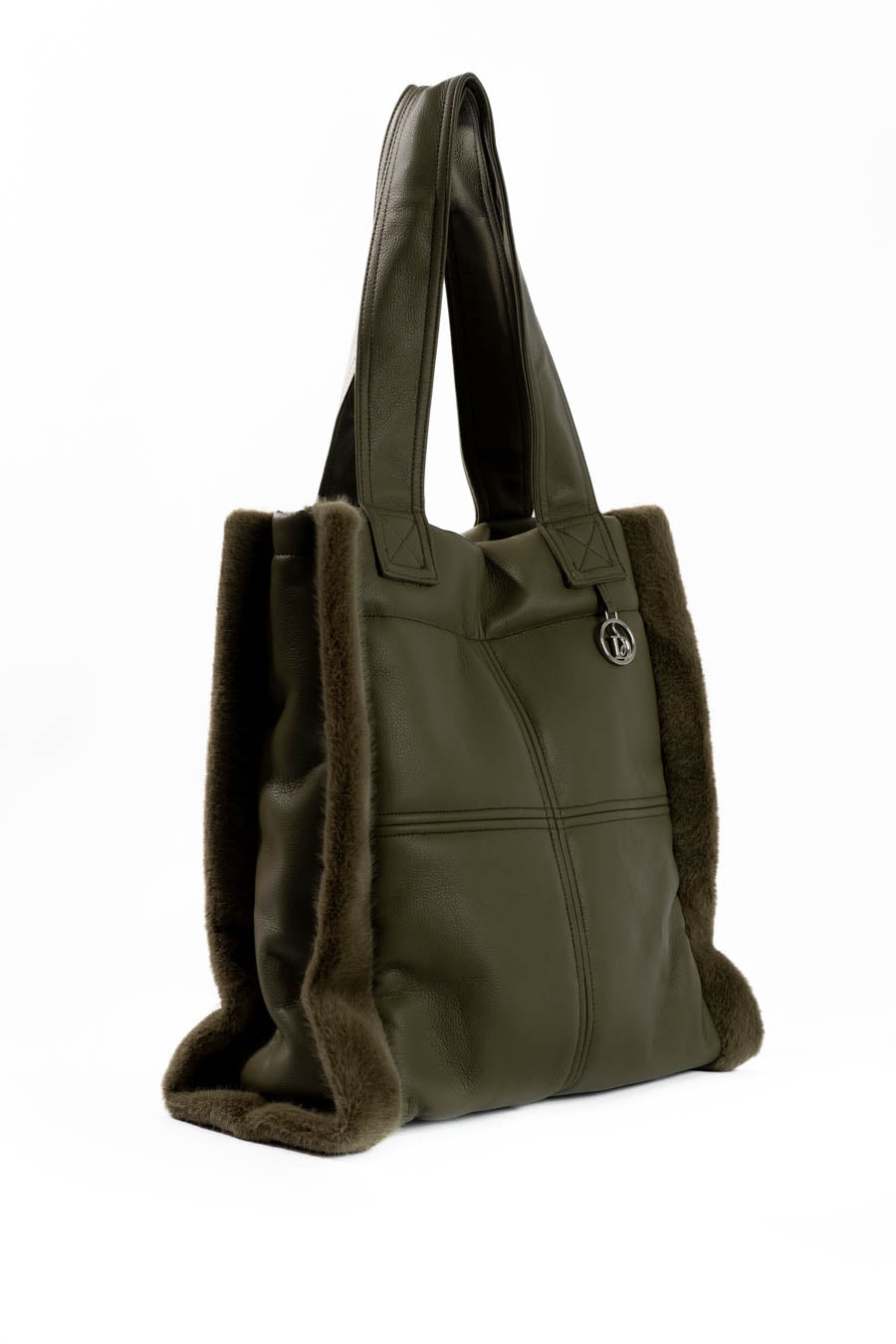 Solid Leather Tote Bag with Fur Trim