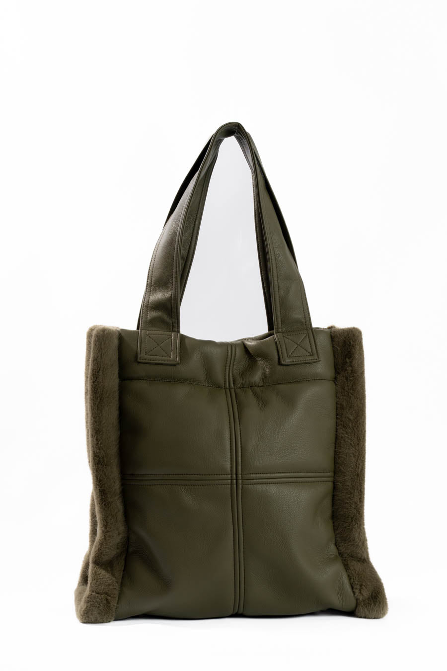 Solid Leather Tote Bag with Fur Trim