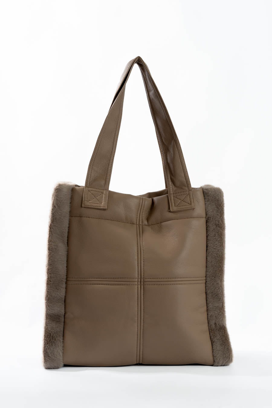 Solid Leather Tote Bag with Fur Trim