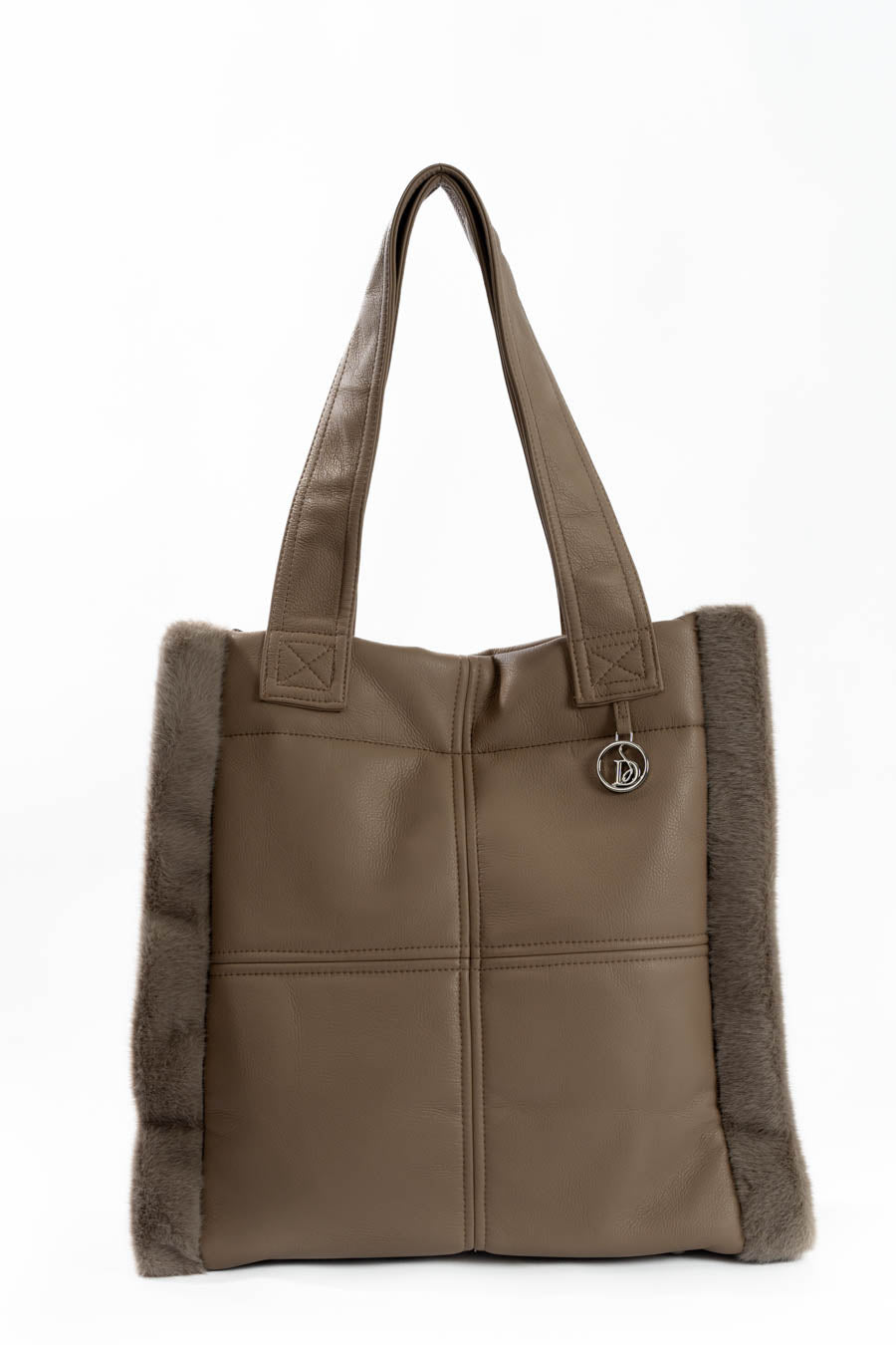 Solid Leather Tote Bag with Fur Trim