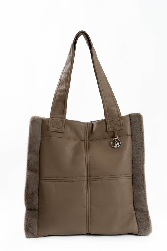 Solid Leather Tote Bag with Fur Trim