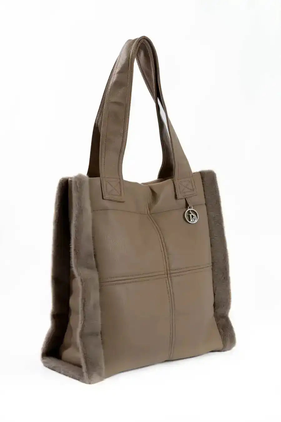 Solid Leather Tote Bag with Fur Trim