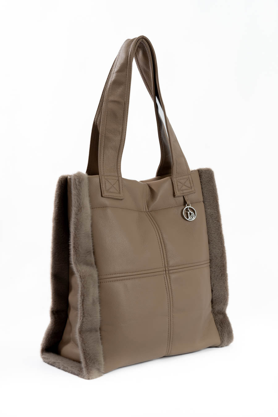 Solid Leather Tote Bag with Fur Trim